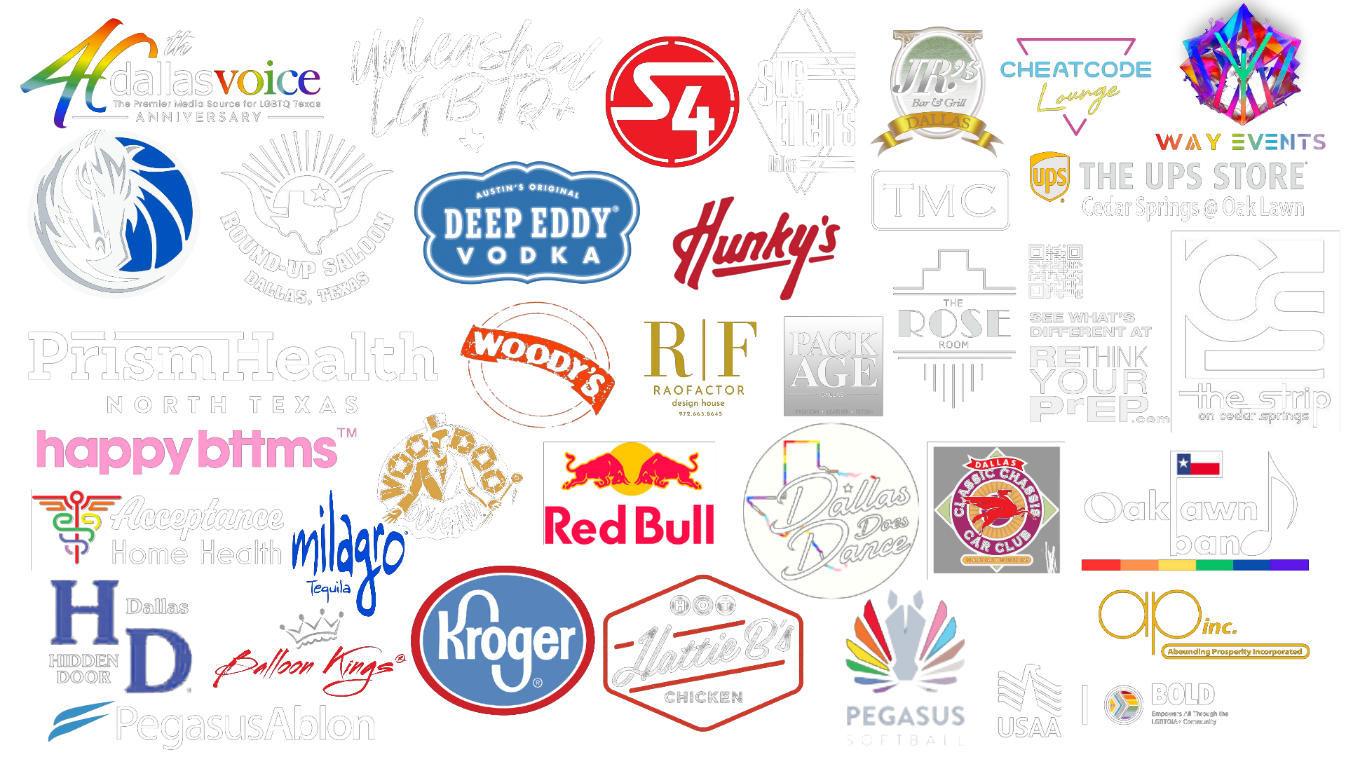 The 2025 Pride in Dallas sponsors, including Dallas Voice, Unleashed LGBTQ+, S4, Sue Ellen's, JR's, Prism Health North Texas, Hunky's, Deep Eddy Vodka, Red Bull, Kroger, USAA, BOLD, and many more.